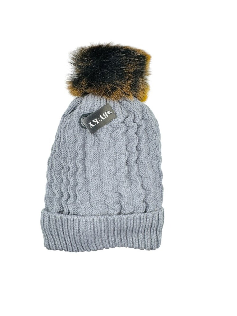 Gray Cable Knit Beanie Hat With Faux Fur Pom & Fleece Lining Warm Winter Cap Lig